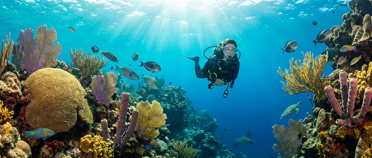 Scuba diver swimming over Cozumel coral reef wall
