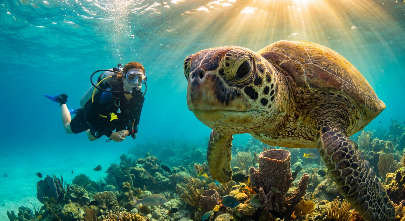 Diver face to face with a sea turtle in the Caribbean Sea